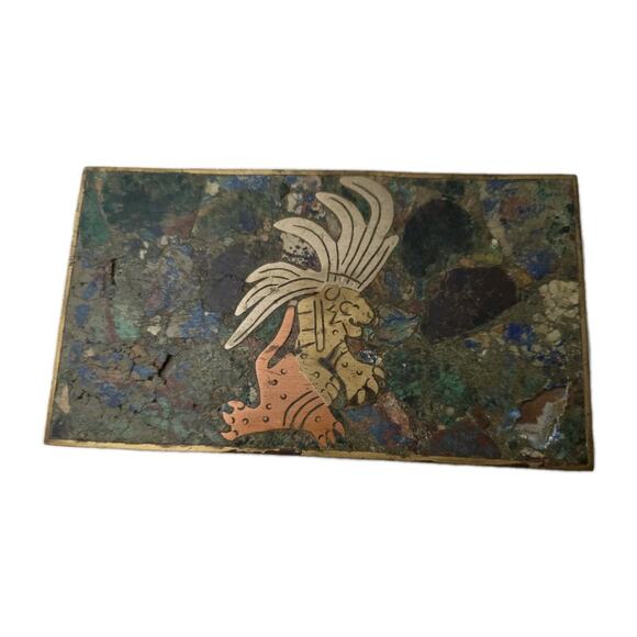 VTG Tribal Mexican Trinket Box Mixed Metal & Semi-Precious Stone Mosaic Hinged - Picture 1 of 9